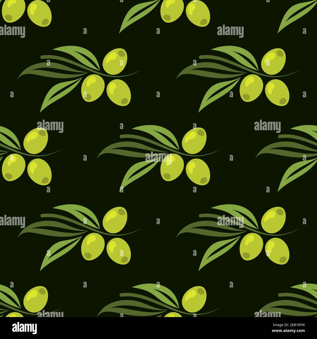 Seamless olive pattern with green olives on branch with elongated leaves on dark green background Stock Vector