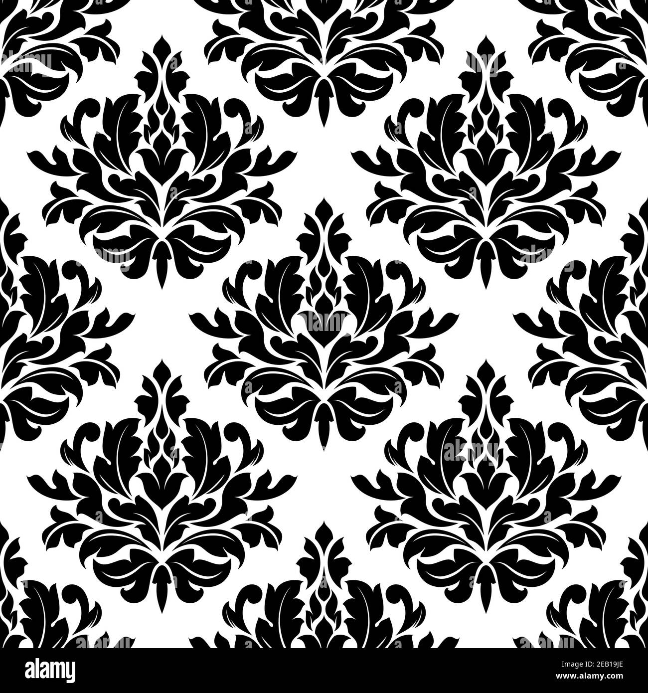 Classic damask floral seamless pattern with black flowers on white ...