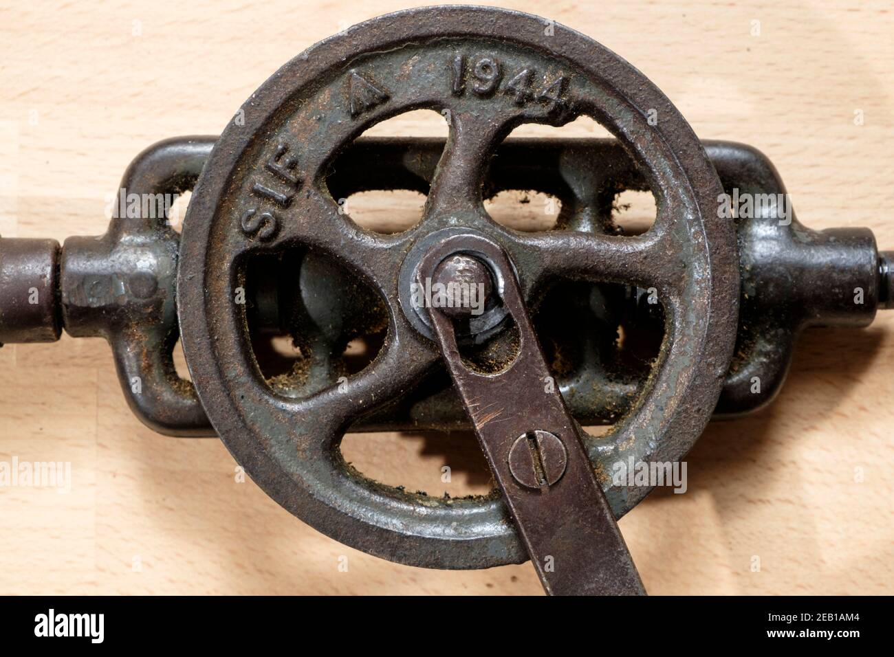 An old handrill made in 1944 by SIF. Cast frame. Stock Photo