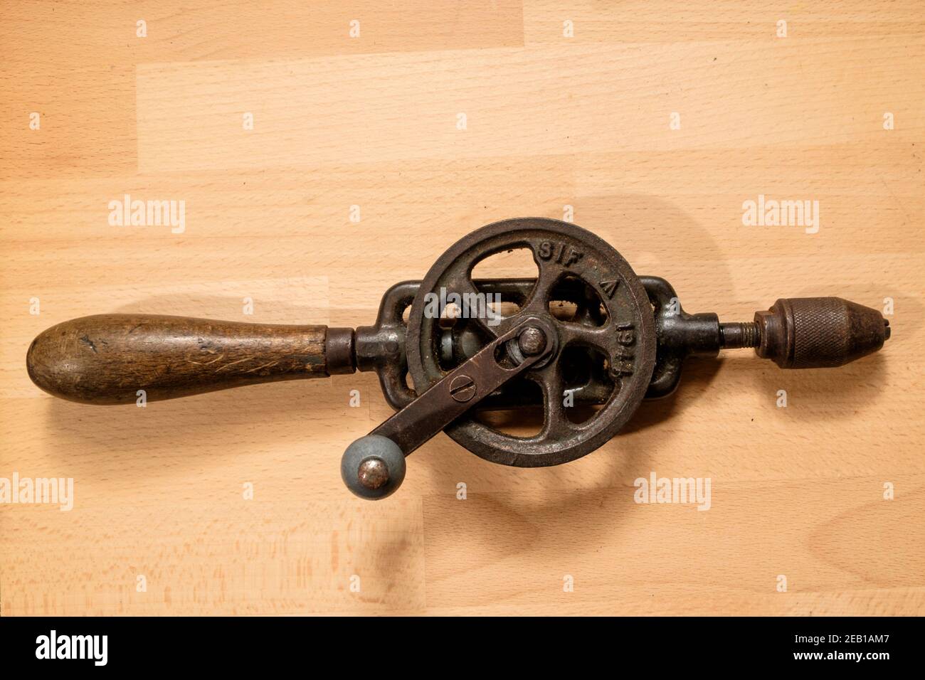 An old handrill made in 1944 by SIF. Cast frame. Stock Photo
