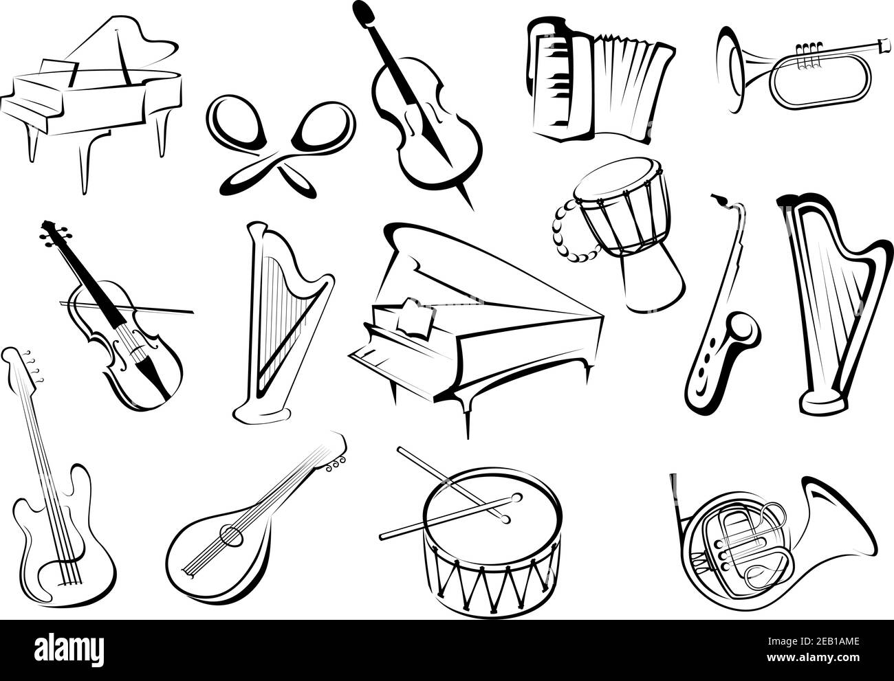 Large set of musical instruments icons in sketch style with a piano