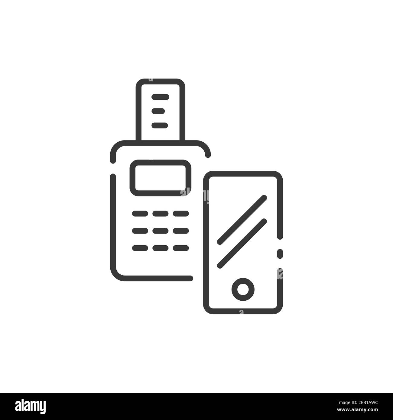 Transaction with smartphone thin line icon. Shipping terminal payment. Pay with mobile. Isolated outline commerce vector illustration Stock Vector