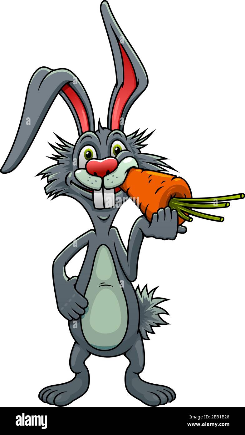 Funny cartoon grey rabbit with long ears standing eating a carrot, for easter design Stock Vector