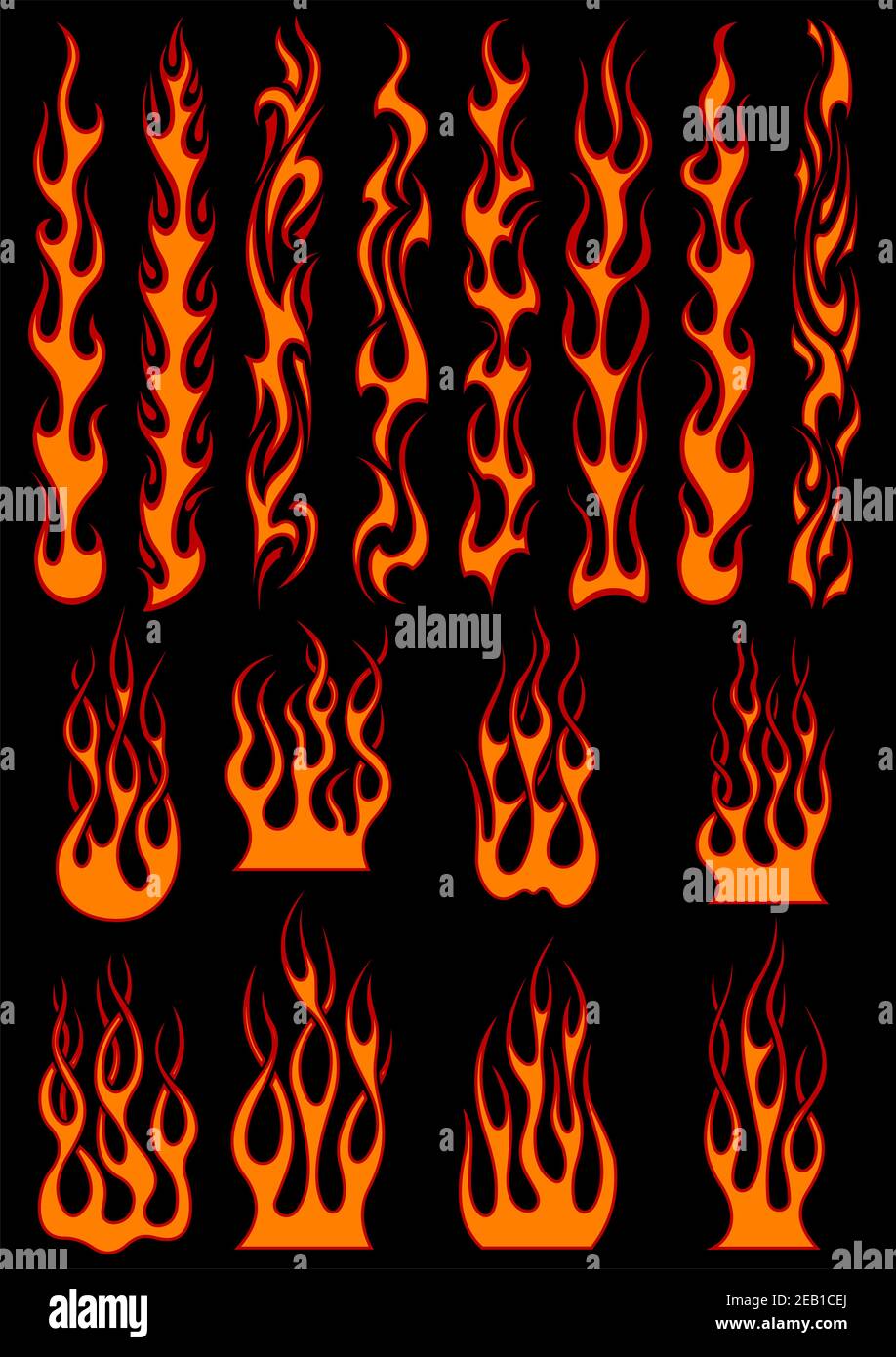 Various fiery vector tribal flames in colorful orange on black