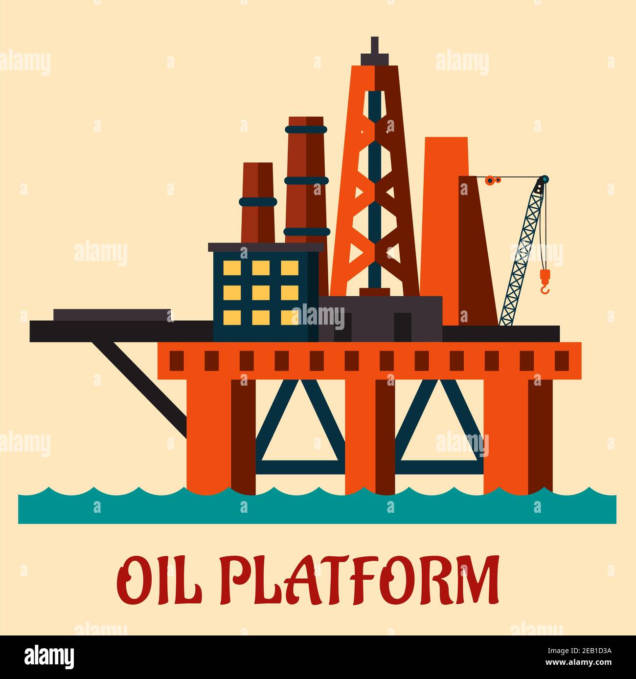 Cartoon sea oil platform rising above the sea drilling for offshore oil, flat style Stock Vector