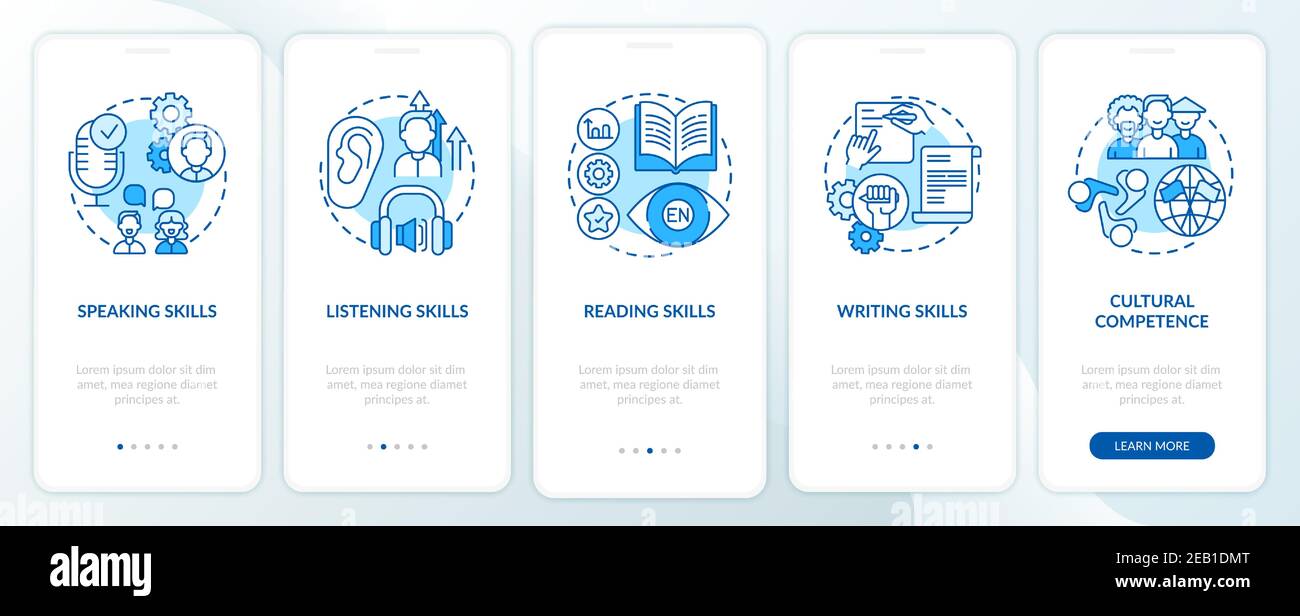 Language learning competencies onboarding mobile app page screen with concepts Stock Vector