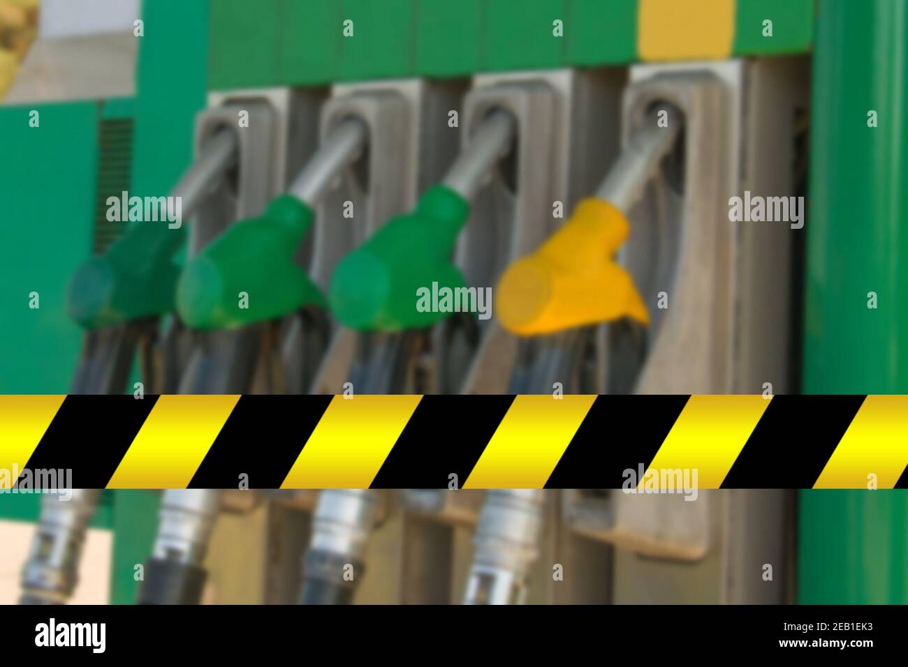 Gas station closed. Petrol pump not work. Black and yellow line of