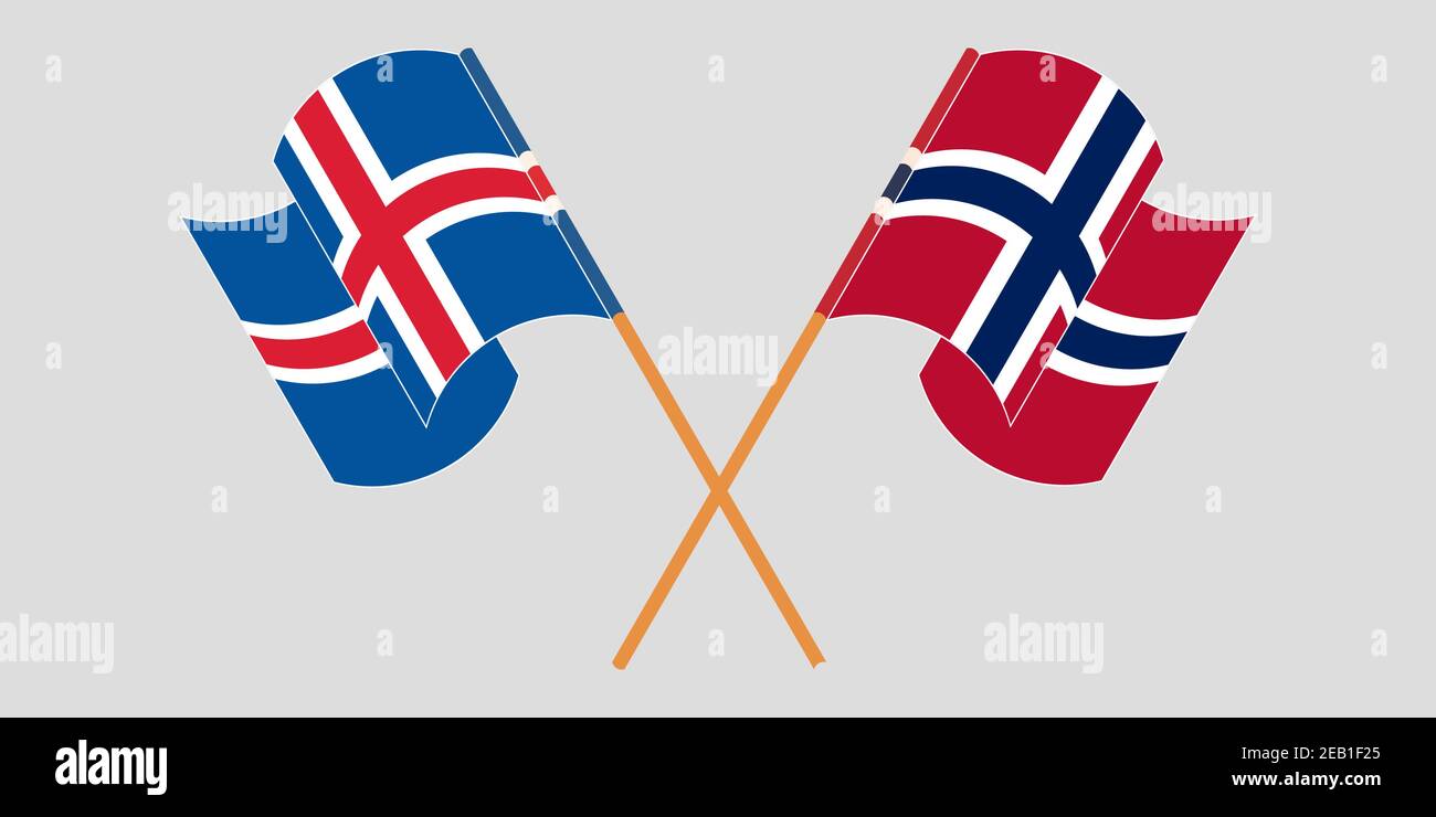 Crossed flags of Iceland and Norway. Official colors. Correct