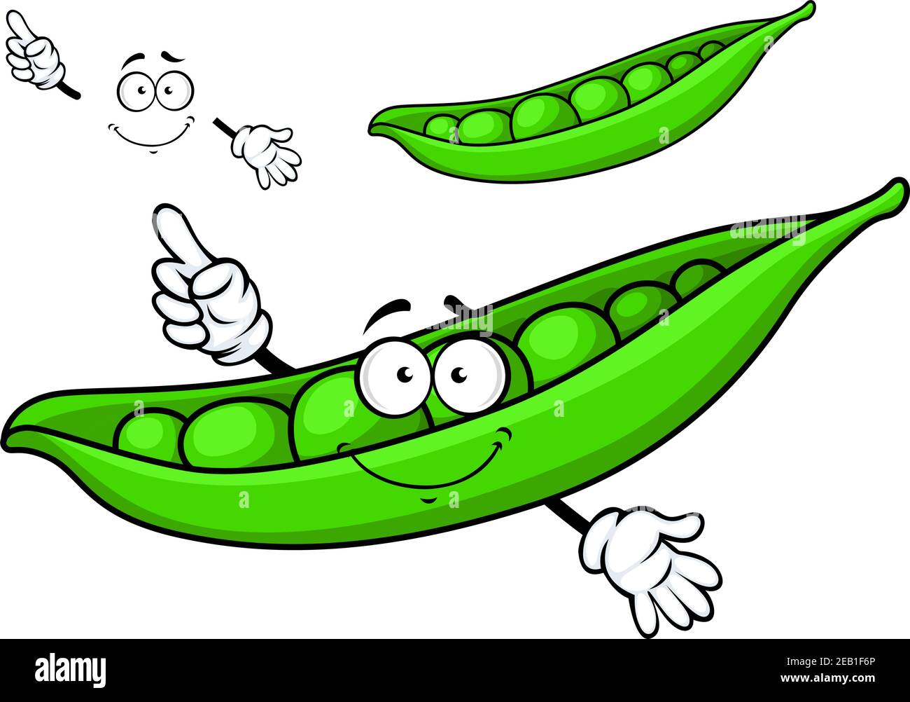 Cartoon green pea vegetable with happy face elements and hands isolated