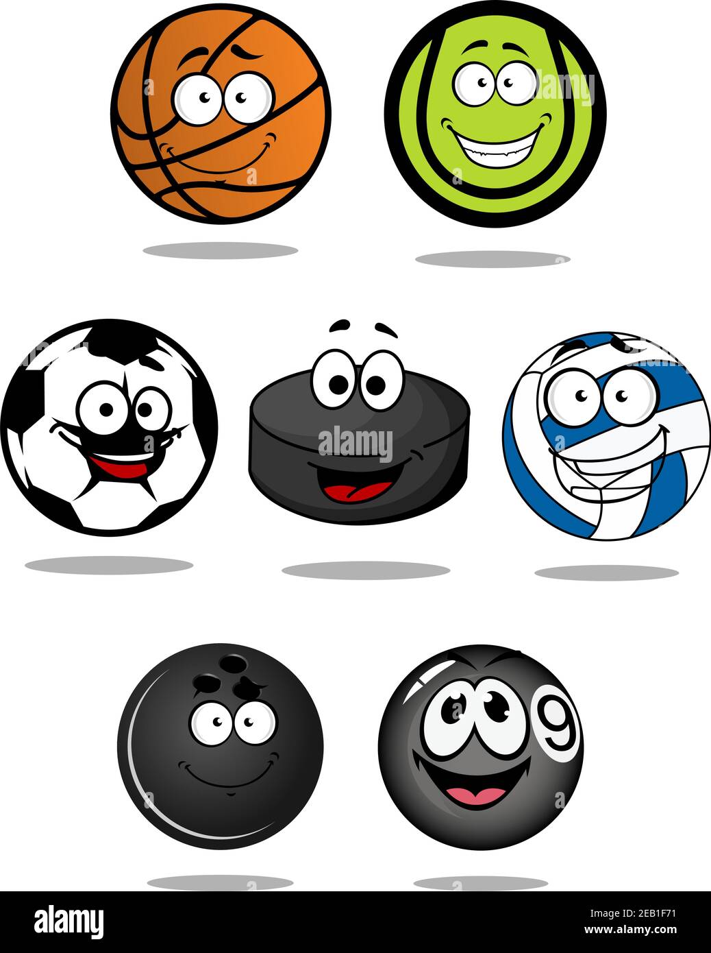 Set of cartoon sports balls characters for basketball, tennis, snooker