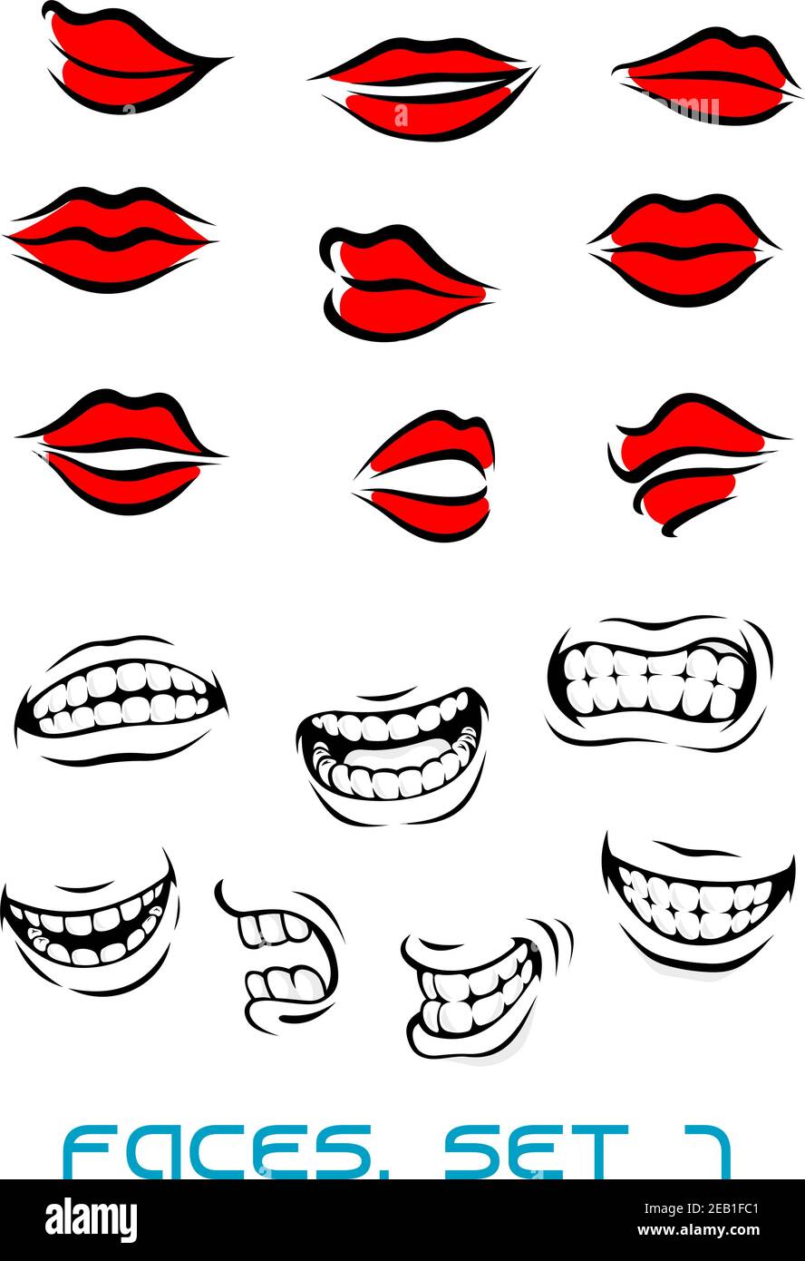 Cartooned lips and mouth set isolated on white in cartoon style Stock Vector