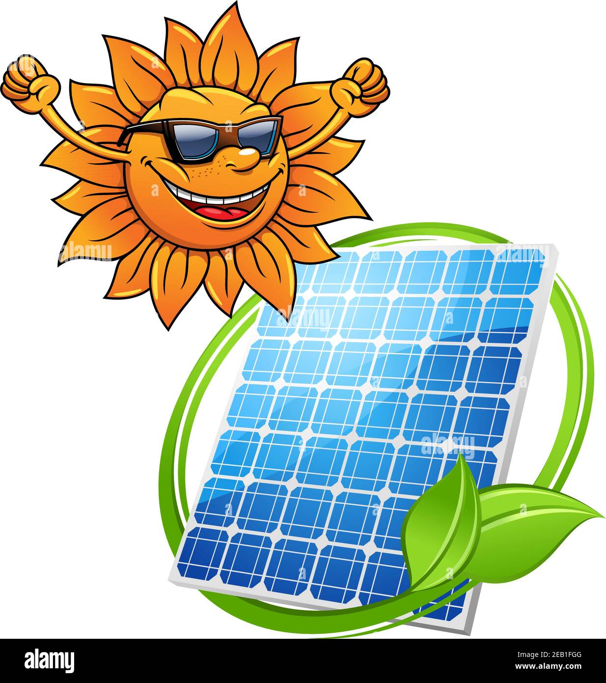 Cartoon sun with a happy smile wearing sunglasses with a photovoltaic cell with entwined greeen leaf for alternate eco-friendly solar energy Stock Vector