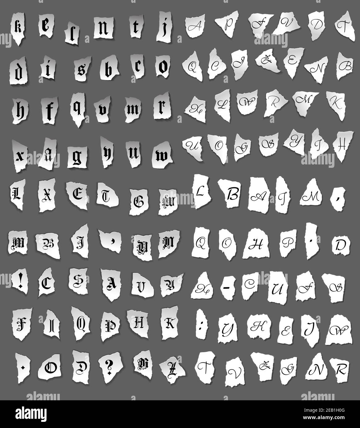 Vintage letters set on turned paper for medieval lettering design Stock