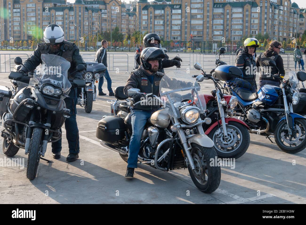 Kazan, Russia-September 26, 2020: Several bikers in the parking lot at a meeting for a joint biker ride through the streets of the city, waiting for t Stock Photo