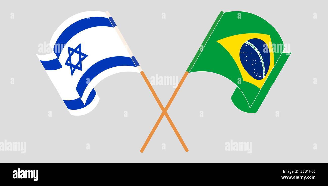 Crossed and waving flags of Israel and Brazil. Vector illustration Stock Vector