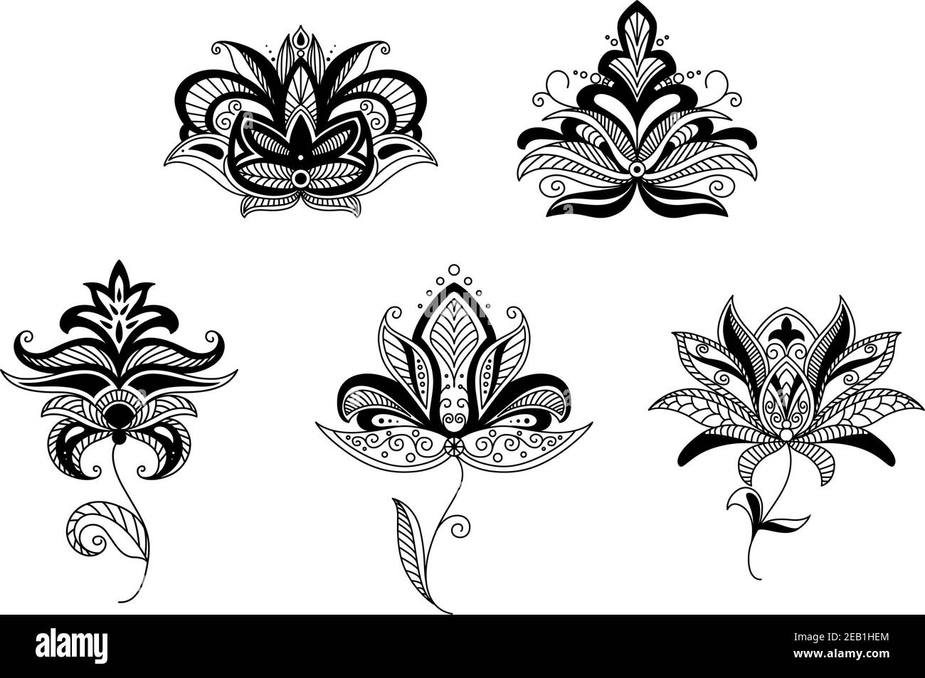 Vintage persian and indian paisley floral elements or patterns in silhouette style Stock Vector