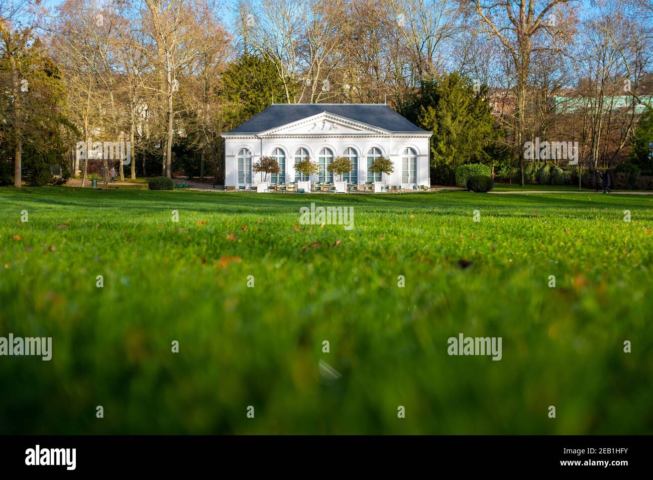 Yerres, France - December 26, 2020: The orangerie located in the garden of the Caillebotte property Stock Photo