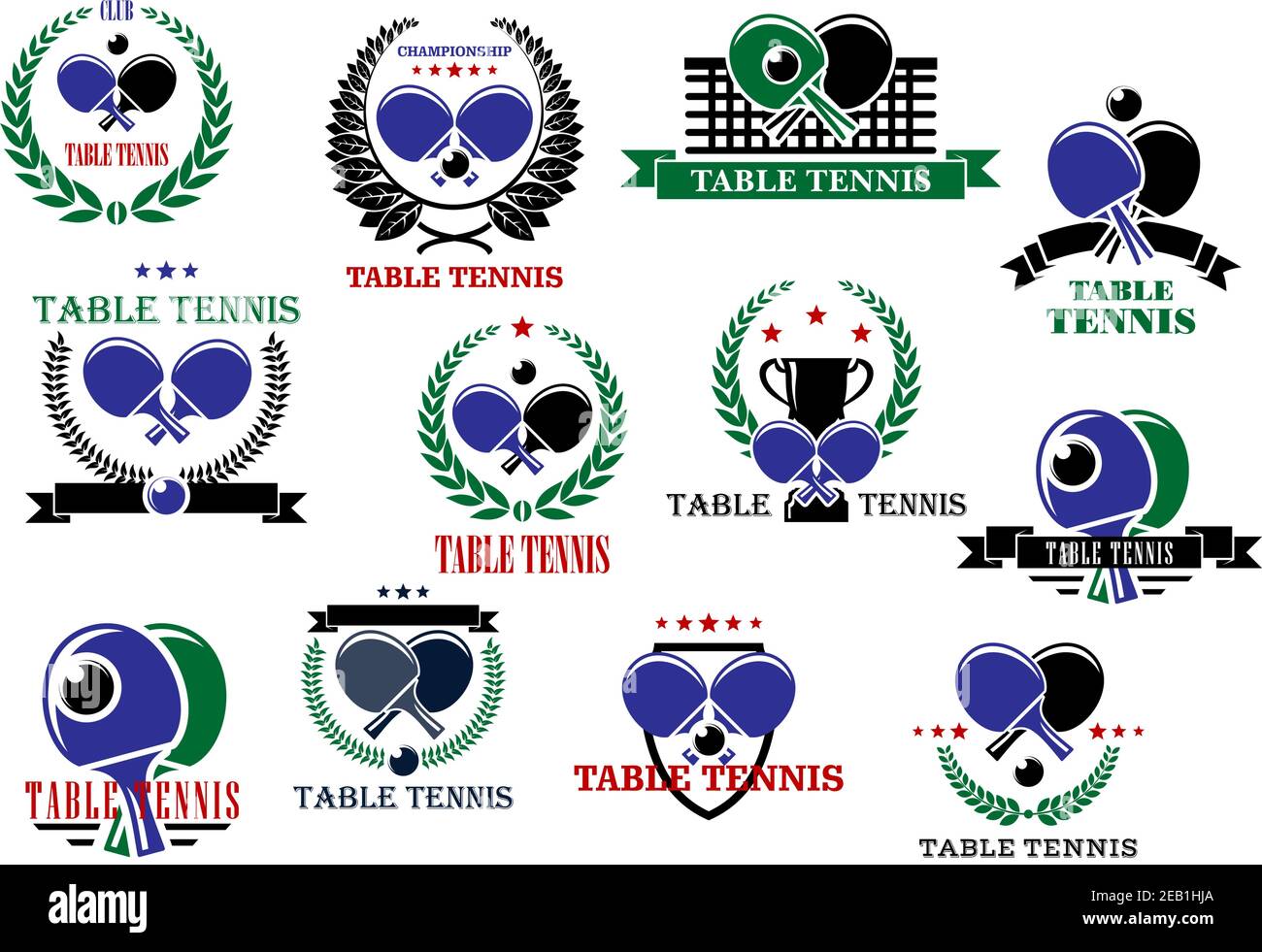 Table tennis sporting icons and labels set with rackets, balls and net