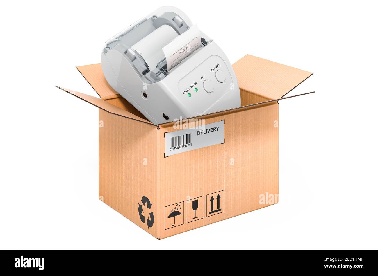 Receipt printer inside cardboard box, delivery concept. 3D rendering isolated on white background Stock Photo