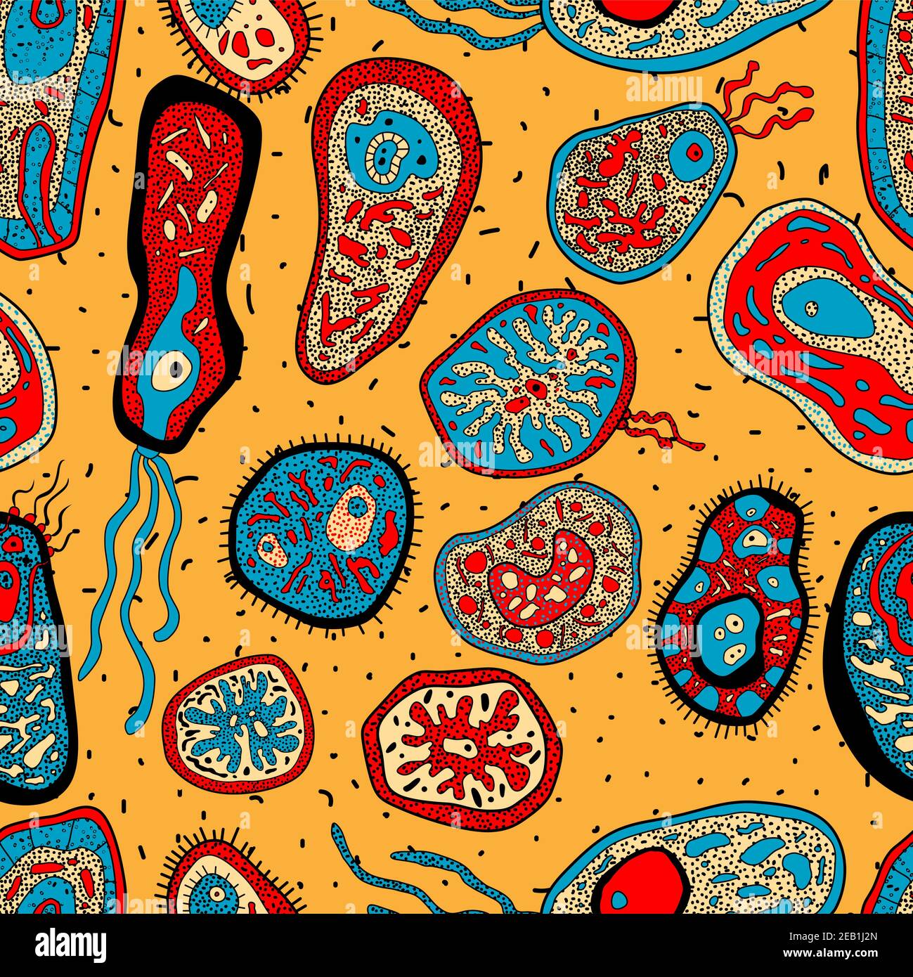 Amebas, bacteria or microbial lifeforms seamless pattern for science or medicine design Stock Vector