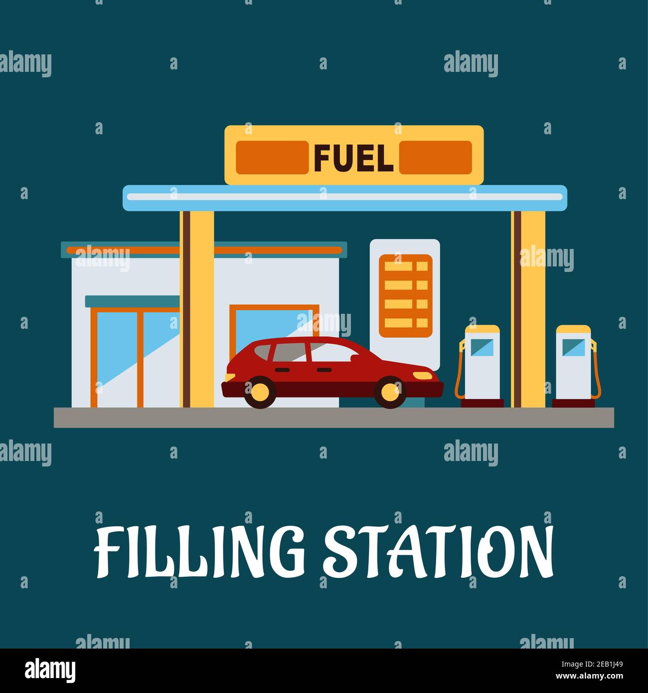Family car refueling with gasoline at a filling station, flat style