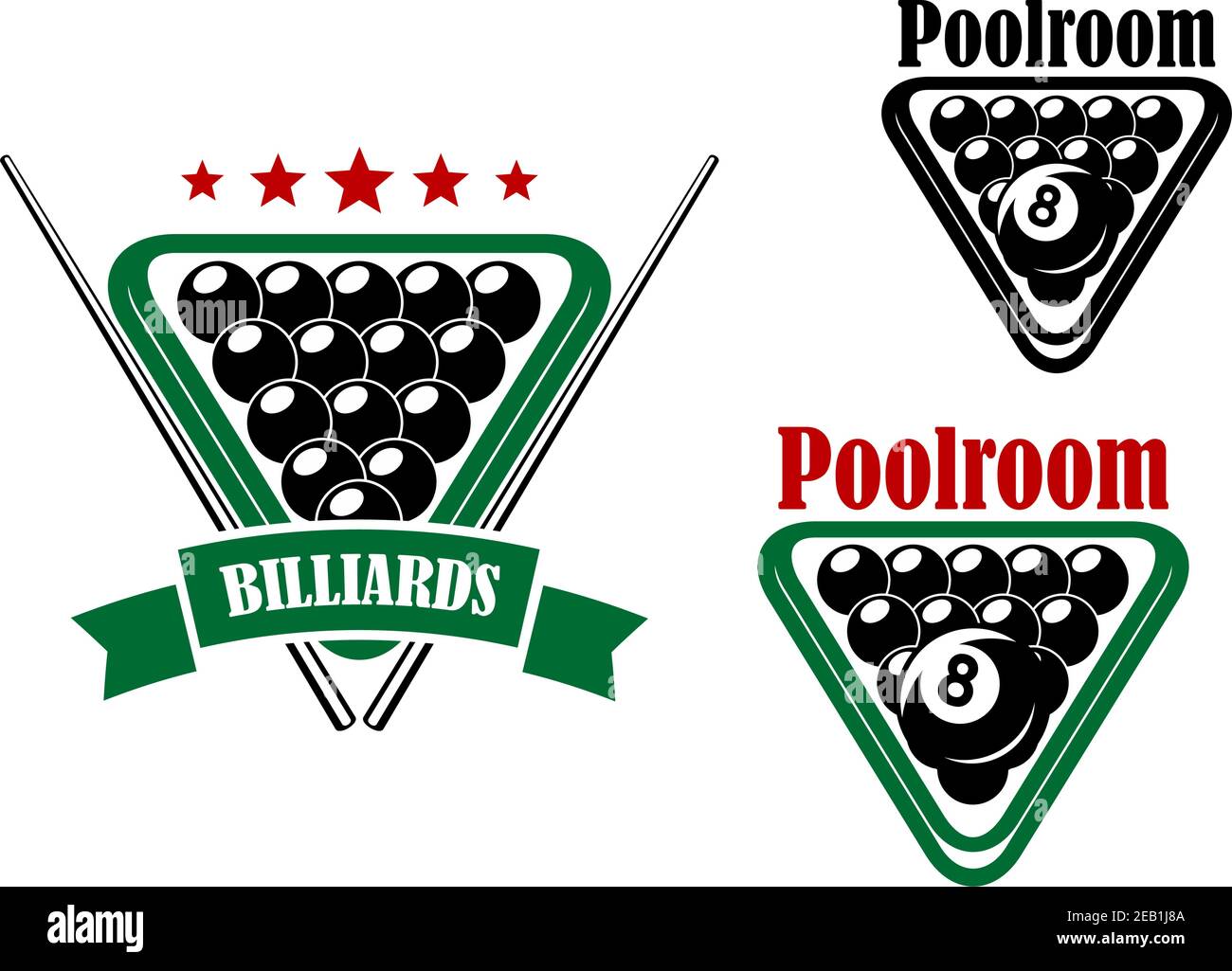 Billiard or poolroom emblem with black balls and cues isolated on white Stock Vector