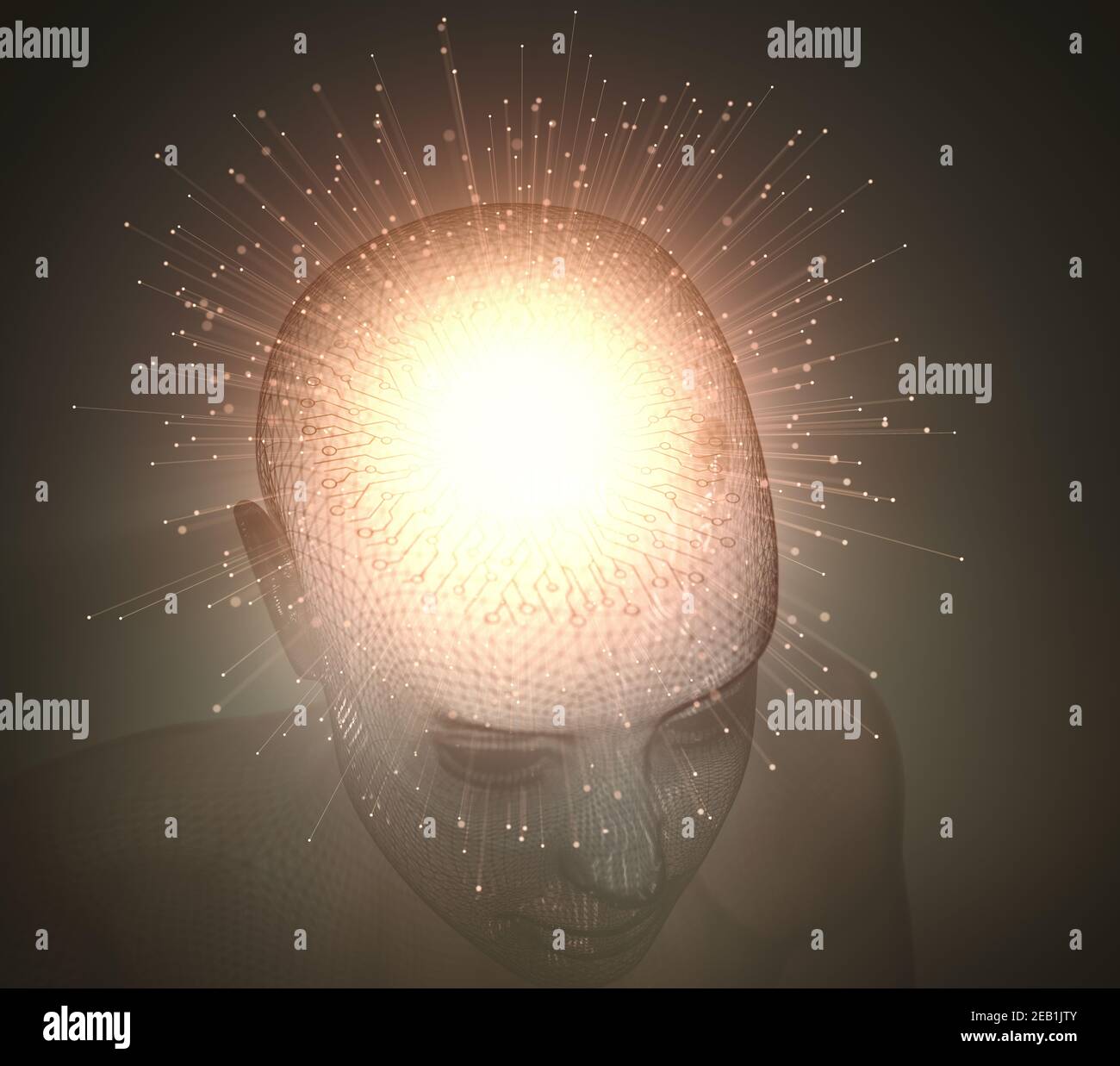 Artificial brain with central microprocessor. Electric pulses in the electronic circuit of the brain implant, represents the computer technology with Stock Photo