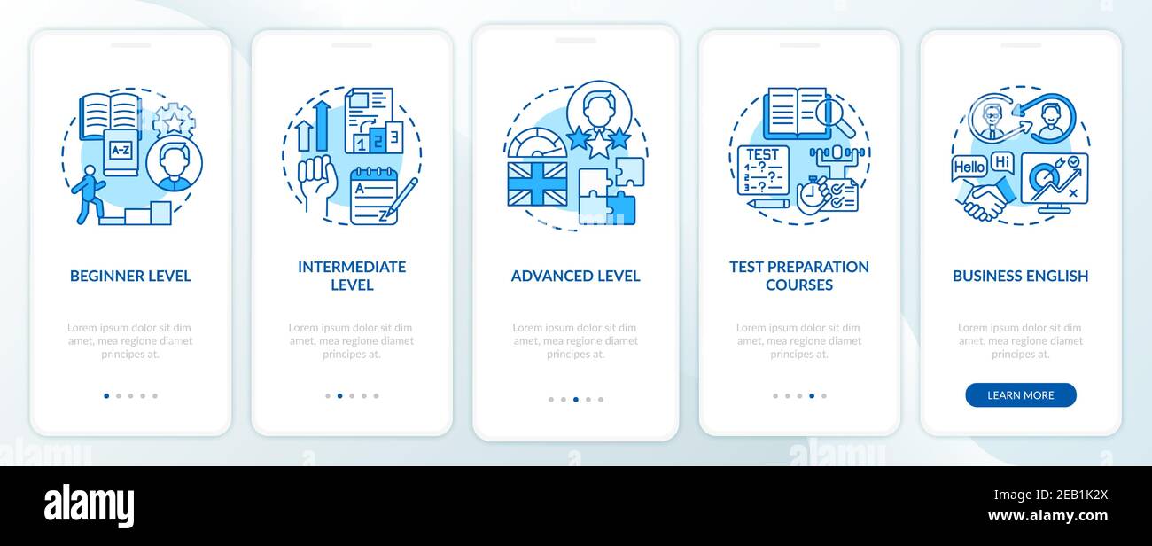 Language learning stages onboarding mobile app page screen with concepts Stock Vector