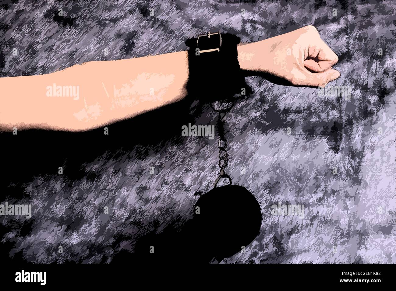 Hand with scars and handcuffs in black color, abstrackt illustration