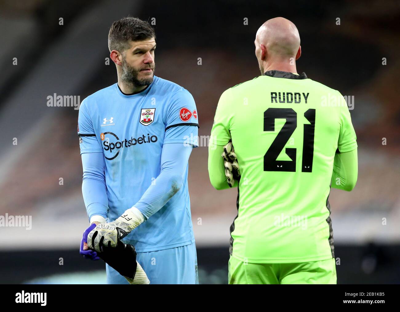 Southampton Goalkeeper Fraser Forster Left Speaks To Wolverhampton Wanderers Goalkeeper John Ruddy At The End Of The Emirates Fa Cup Fifth Round Match At Molineux Wolverhampton Picture Date Thursday February 11 21