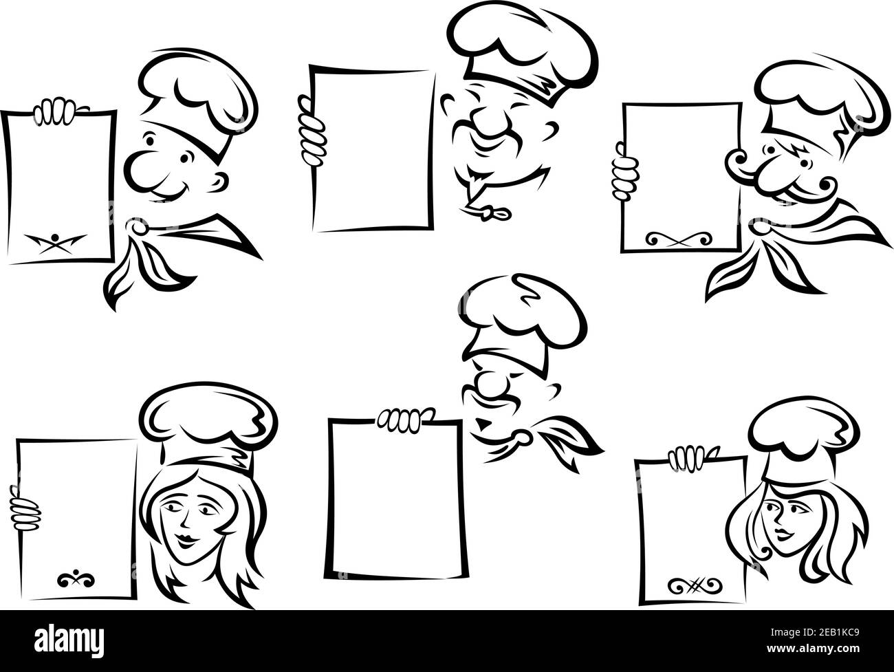 Happy smiling female and male chefs in uniform hats holding blank menu