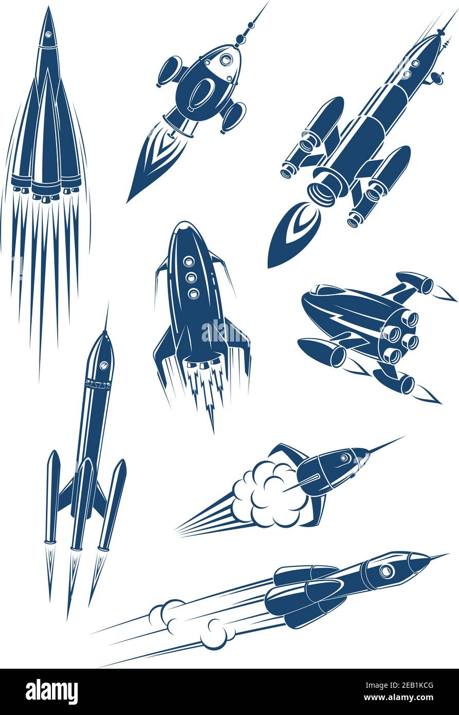 Cartoon spaceships and rockets in space isolated on white background Stock Vector