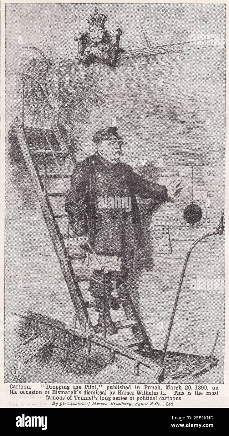 Vintage Cartoon 'Dropping the Pilot' published in Punch, March 20th 1890 on the occasion of Bismarck's dismissal by Kaiser Wilhelm II. Stock Photo