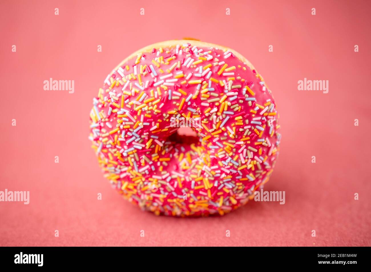 Glazed donut with colorful sprinkles isolated on a pink background ...