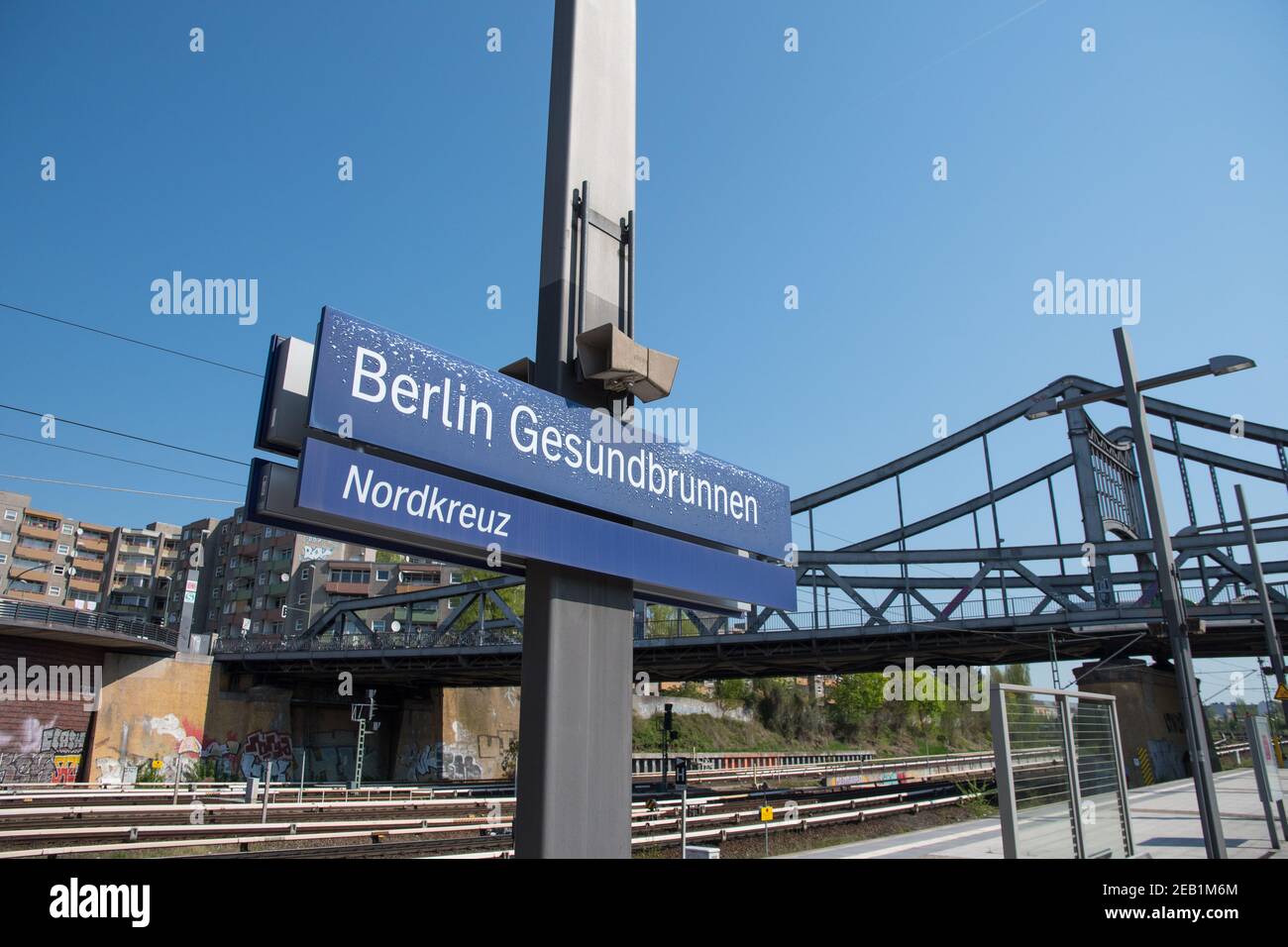 Berlin Germany - April 20. 2018: Berlin Gesundbrunnen train station sign Stock Photo