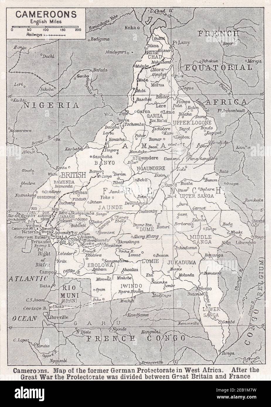 Vintage map of Cameroons: Former German Protectorate in West Africa. After the Great War the Protectorate was divided between Great Britain and France. Stock Photo