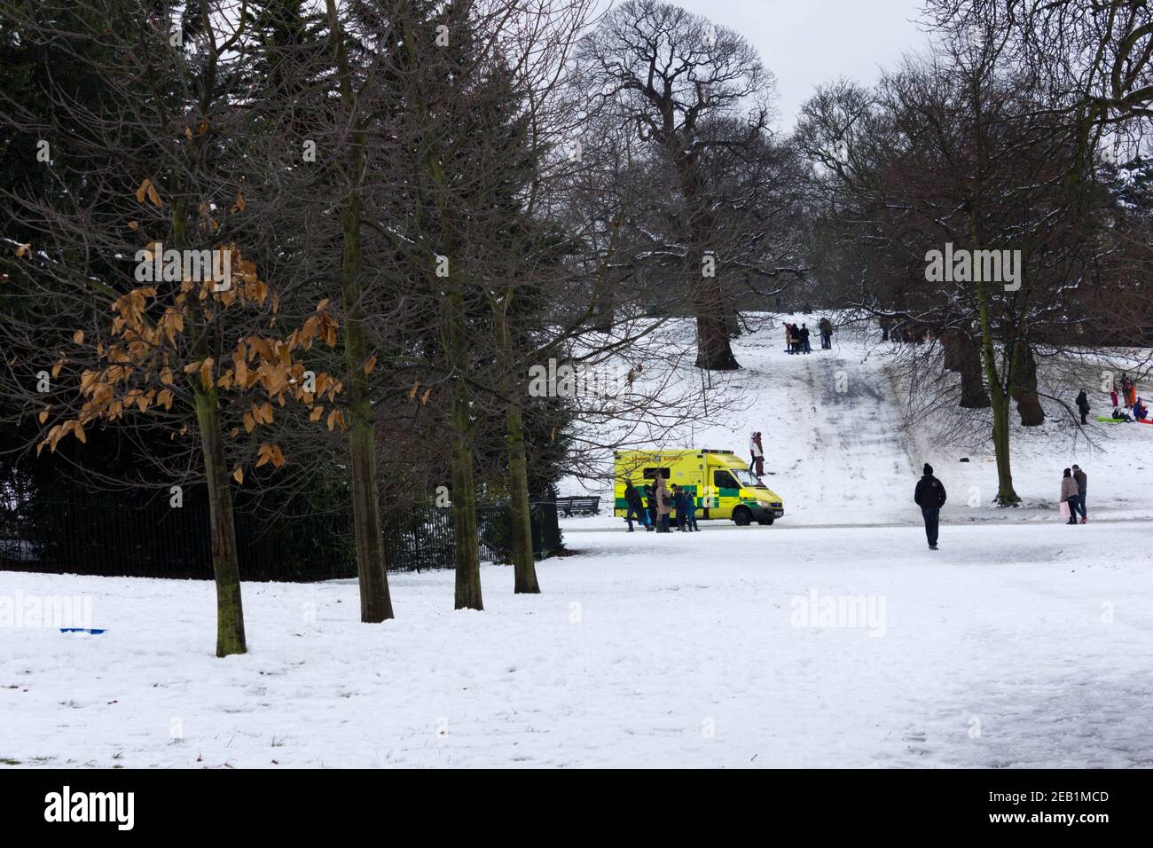 Ambulance attended an incident in Greenwich park where people having sledging and  skating  with heavy snow London, England Stock Photo