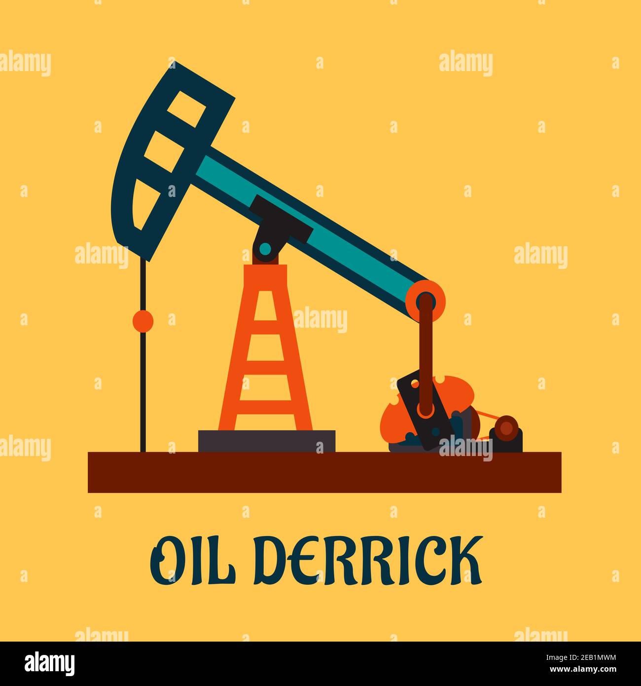 Oil industry concept in flat style depicting working oil derrick or pump jack isolated on yellow