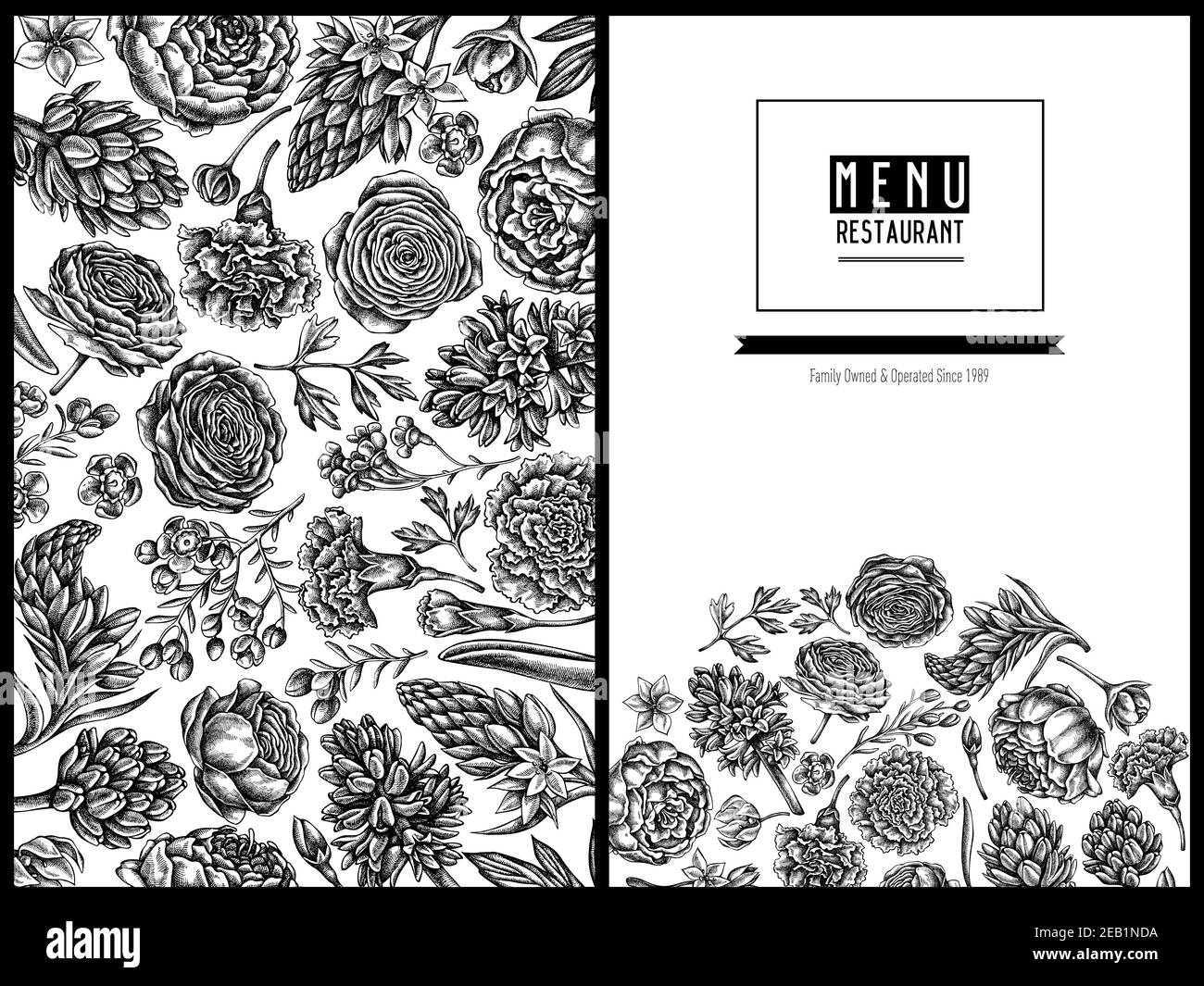 Menu cover floral design with black and white peony, carnation, ranunculus, wax flower, ornithogalum, hyacinth Stock Vector