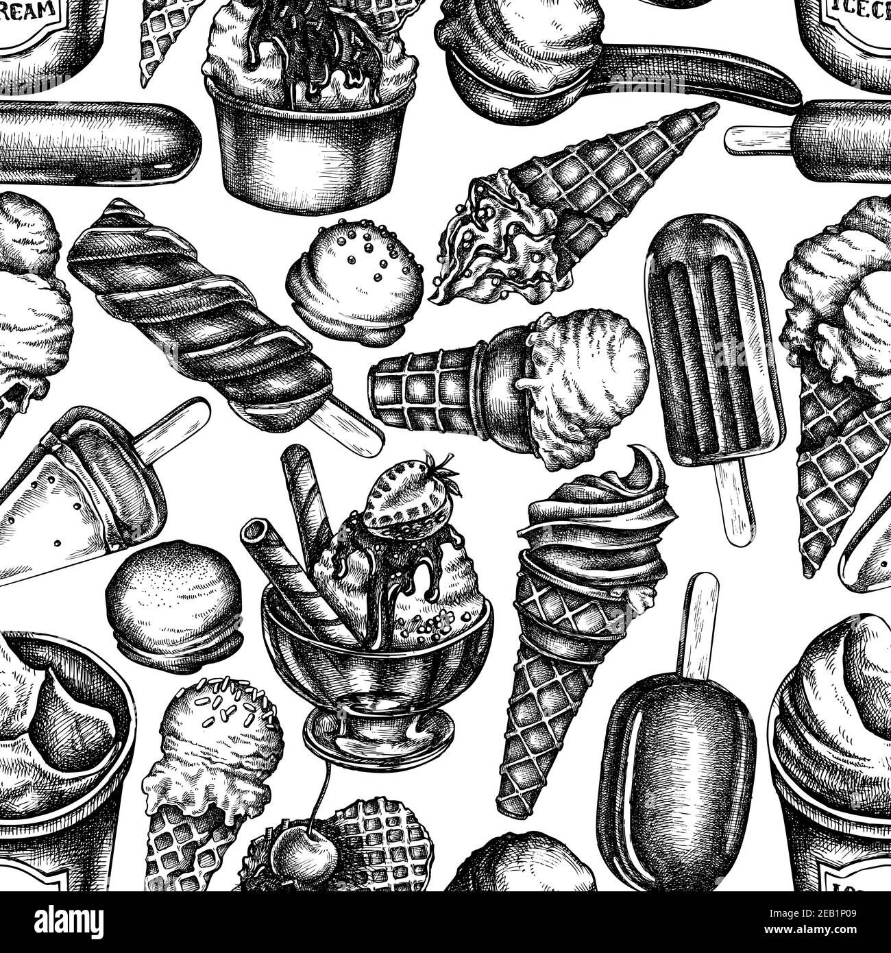 Seamless pattern with black and white ice cream bowls, ice cream bucket