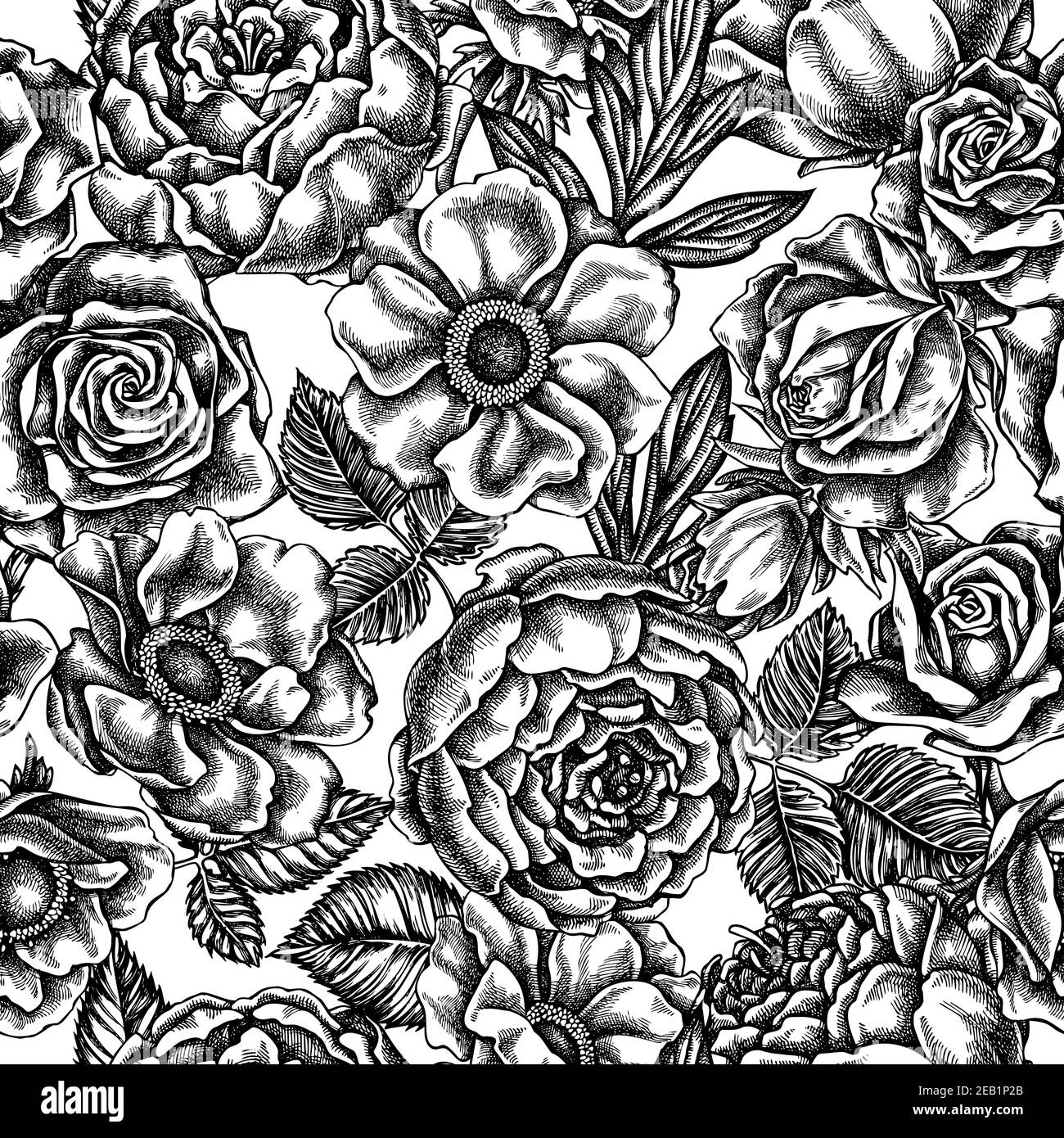 Seamless pattern with black and white roses, anemone, peony Stock Vector
