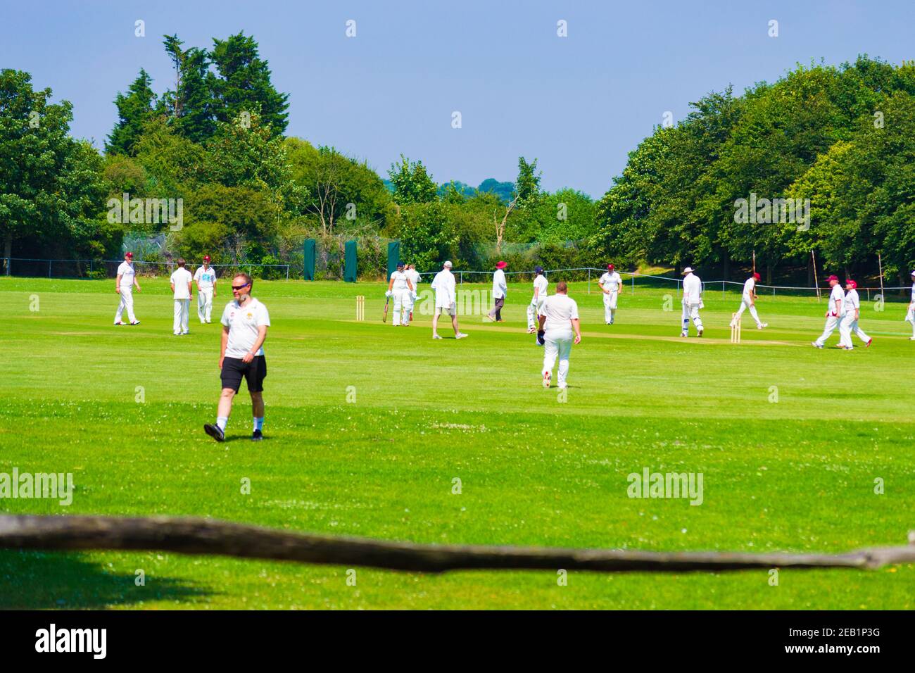 Cricket batsman hitting the ball with the wicket and the wicketkeeper standing behind him Stock