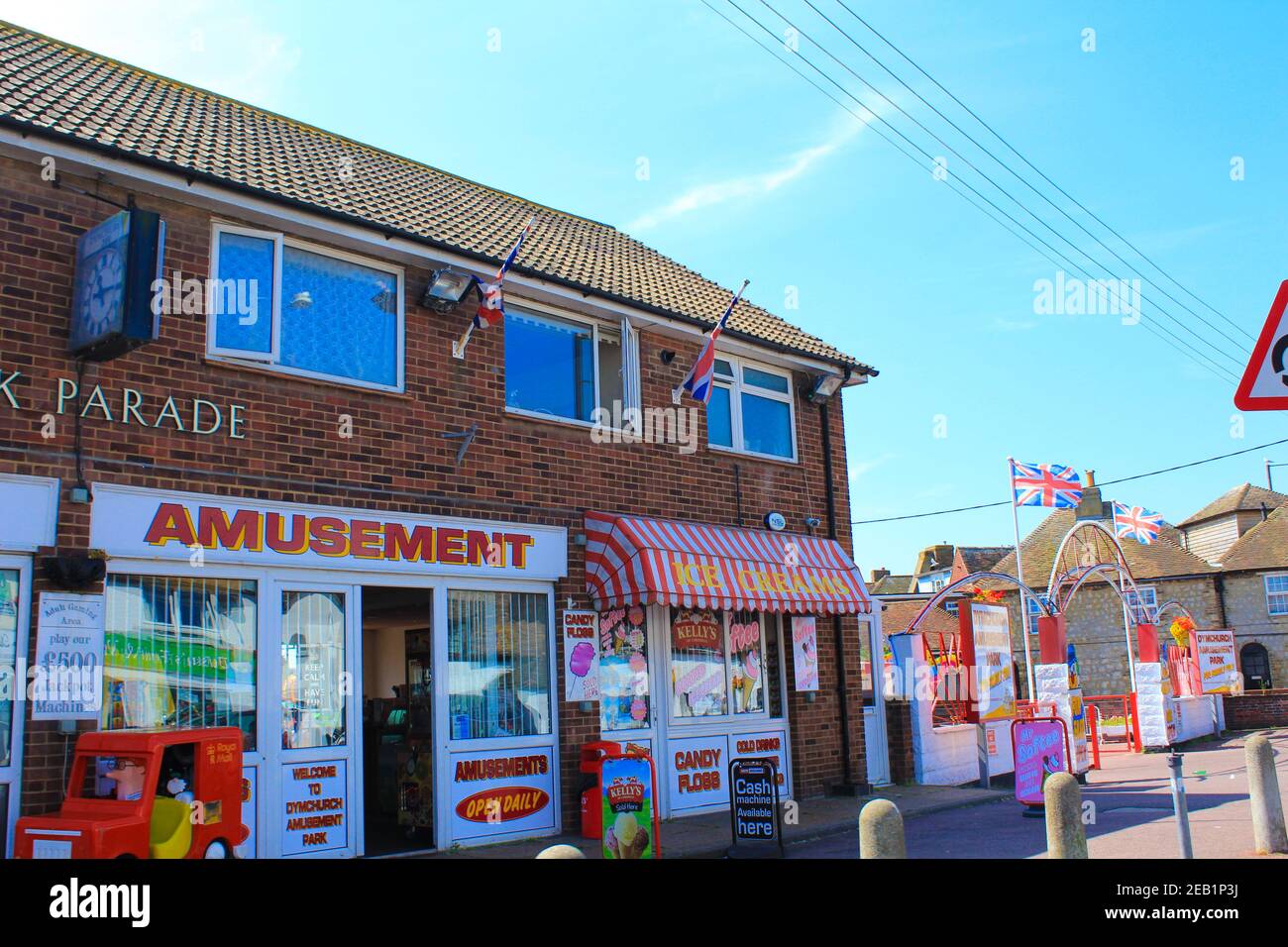High street of Dymchurch on sunny summer day against nice blue sky, A