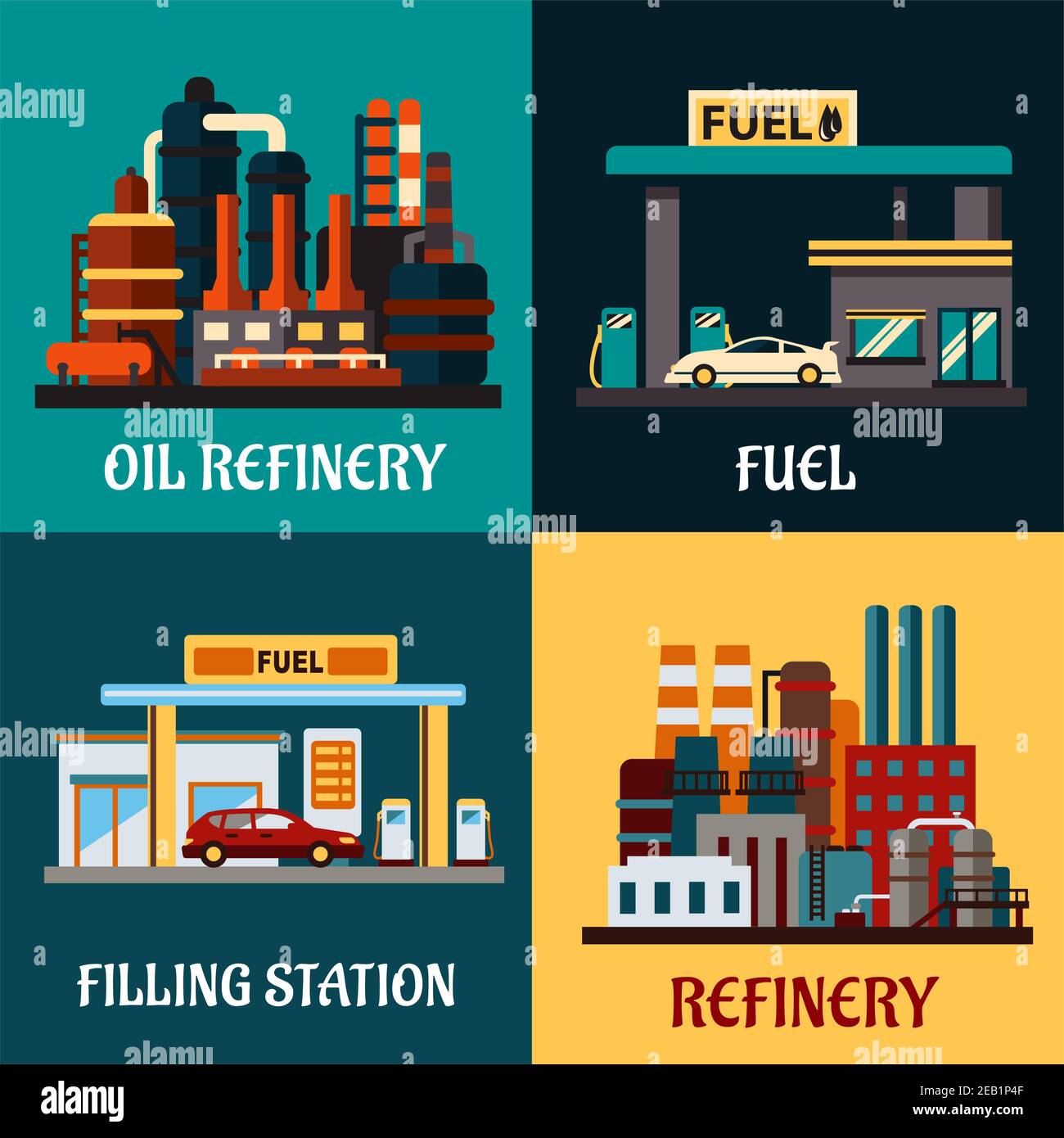 Oil refinery factories and gas stations concepts in flat style showing