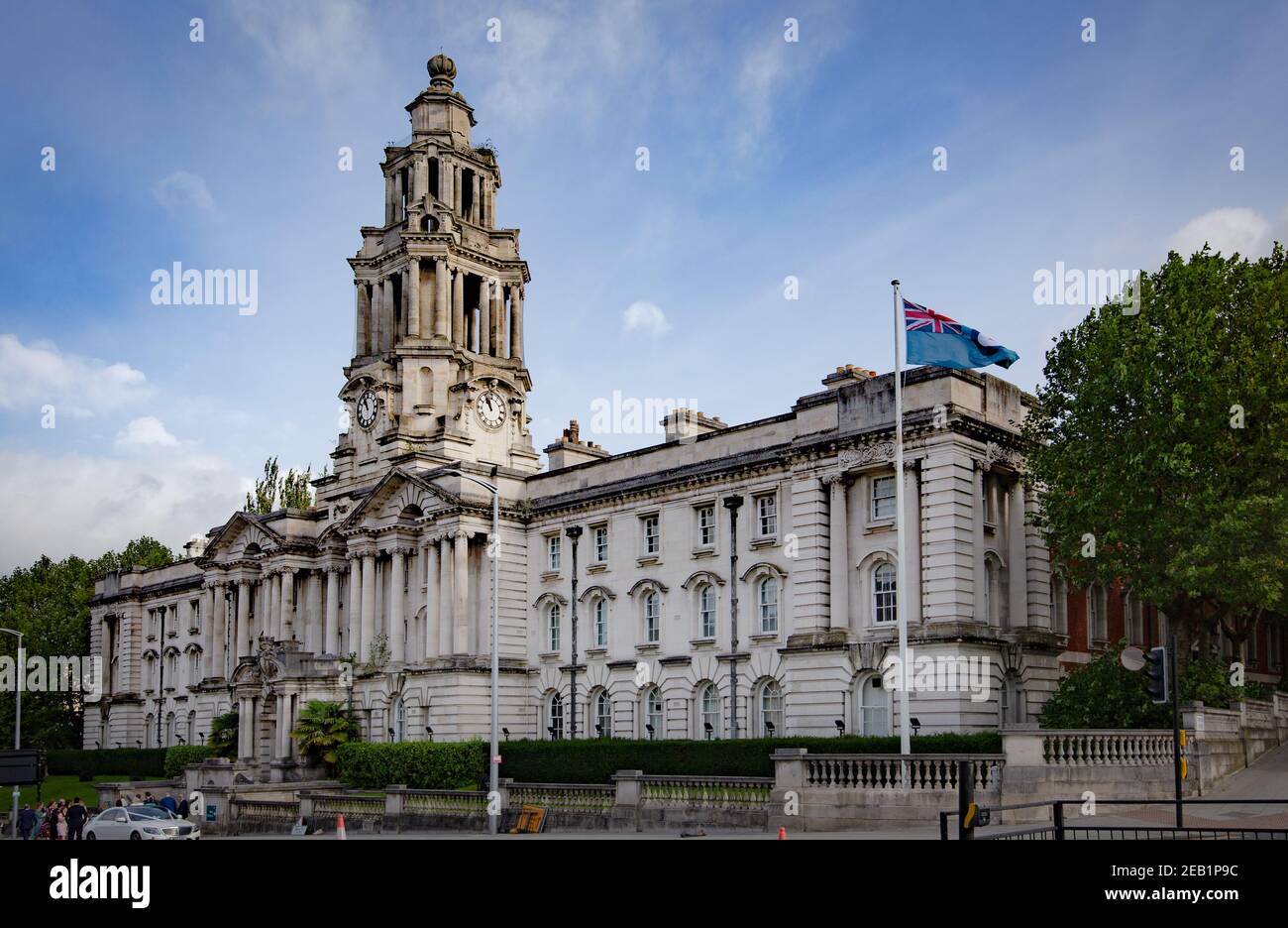 Stockport Town Hall is an English Baroque style building designed by architect Sir Alfred Brumwell Thomas in the ealry 1900s on  Wellington Road South Stock Photo