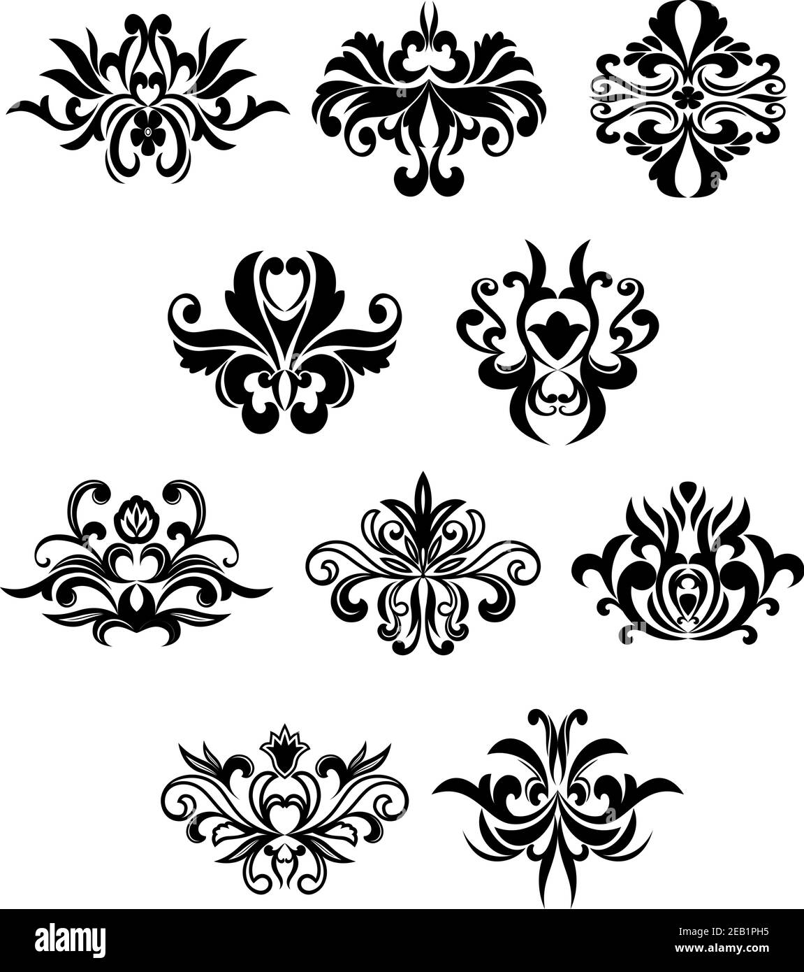 Flourish design elements in damask style showing black curly abstract ...