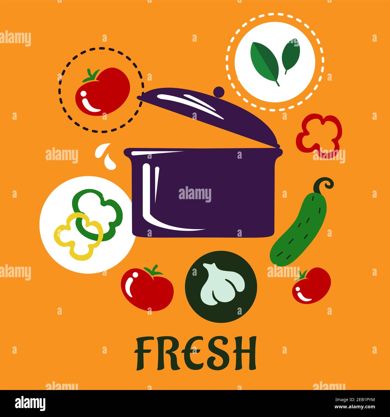 Fresh healthy food cooking flat concept depicting pan with pictograms of whole tomatoes, garlic, cucumber, yellow and green bell pepper slices and spi Stock Vector