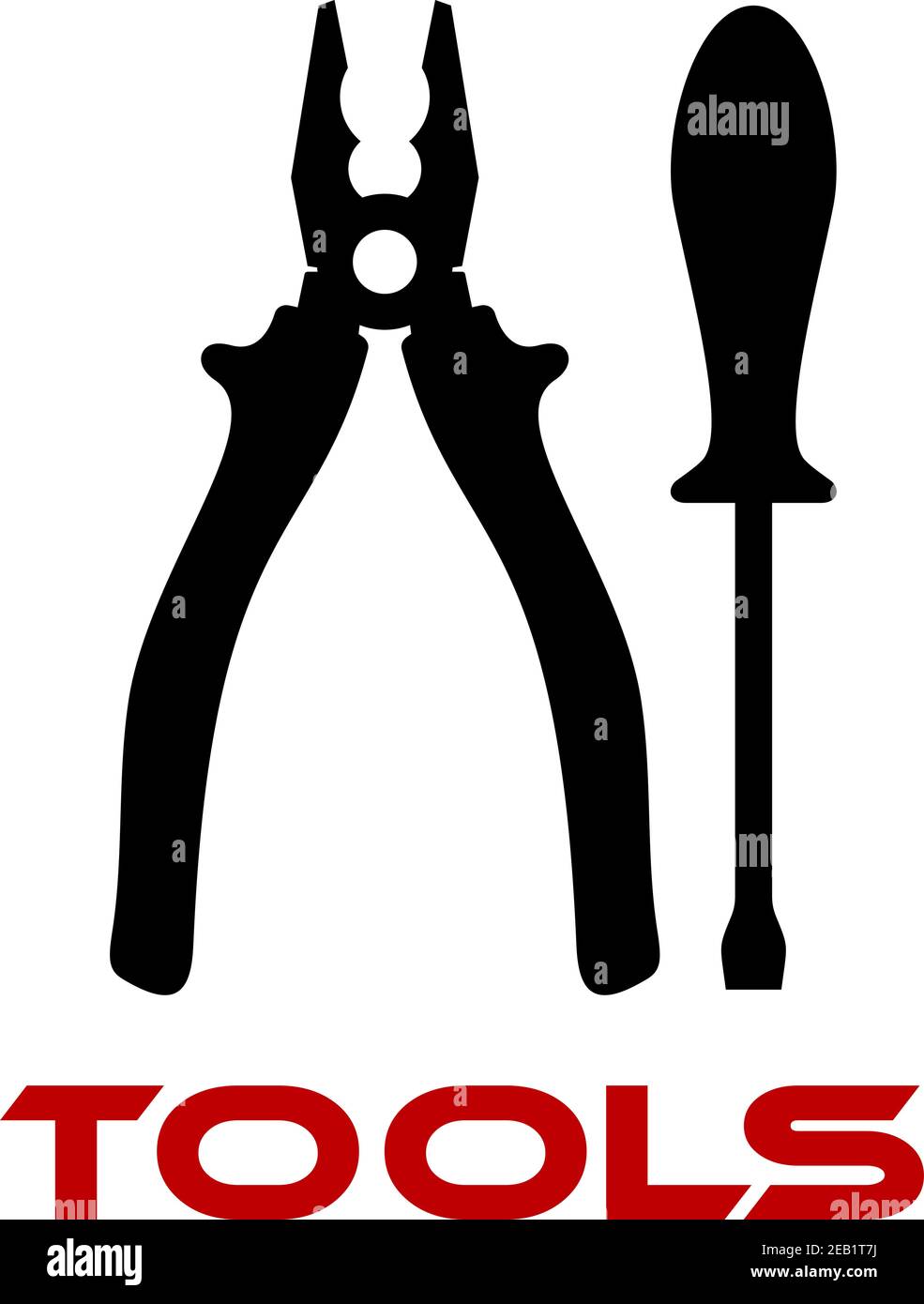 Black silhouettes of pliers and screwdriver tools isolated on white background with red text Stock Vector