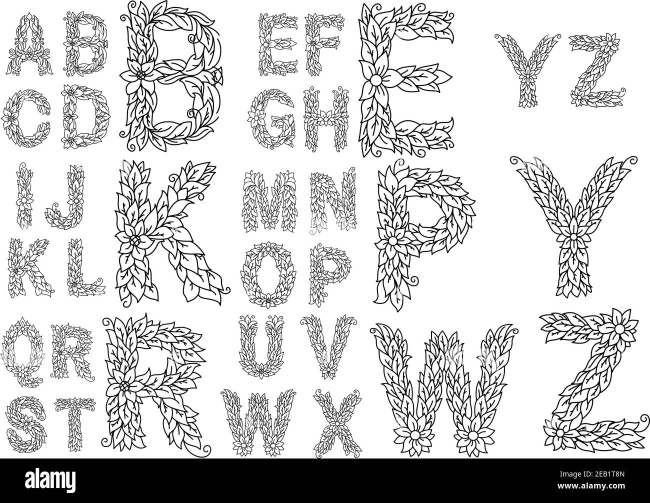 Alphabet capital letters with foliage ornament decorated lush flowers ...