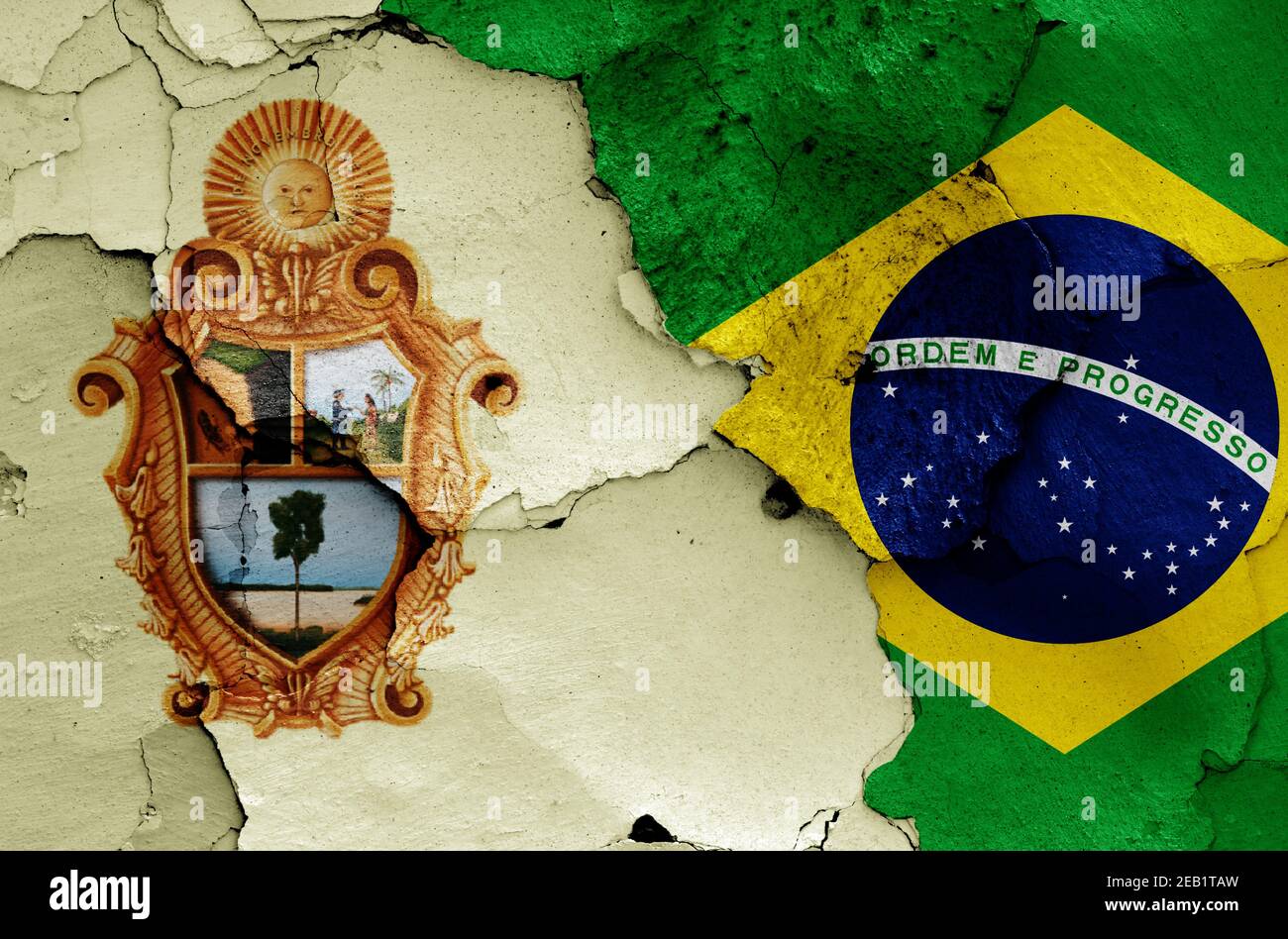 flags of Manaus and Brazil painted on cracked wall Stock Photo
